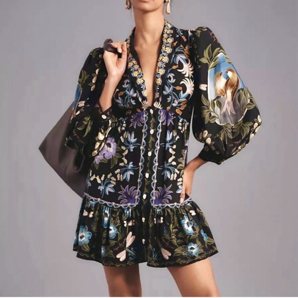 FARM Rio Dresses & Skirts - NEW FARM Rio Black Winter Garden Mini Dress Floral Birds Dragonfly Size M